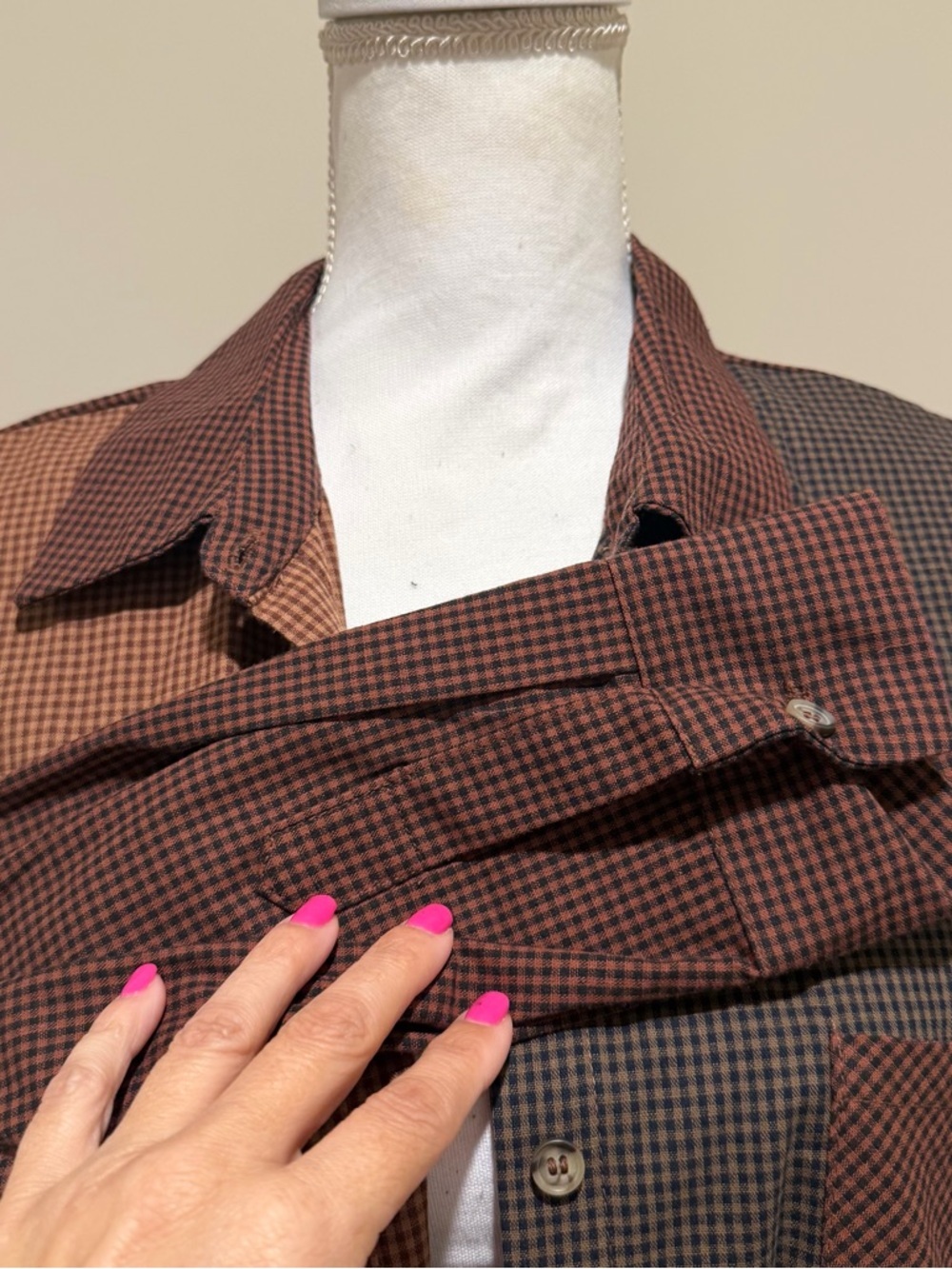 Blu Pepper Brown and Tan Plaid Color Block Button Down oversized small NWT - Picture 8 of 13